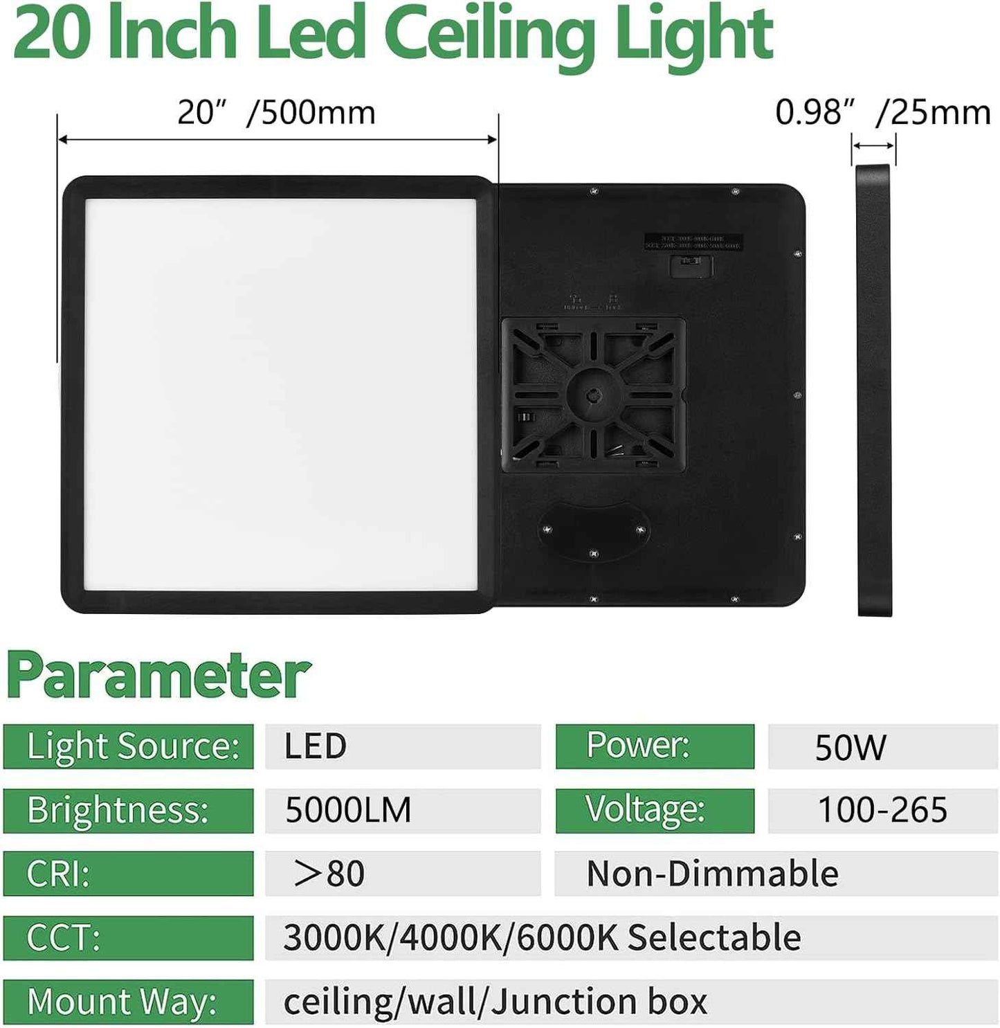 50W 20-Inch LED Flush Mount Ceiling Light - 5000LM, CCT Selectable, Low Profile for Hallway, Kitchen, Bedroom