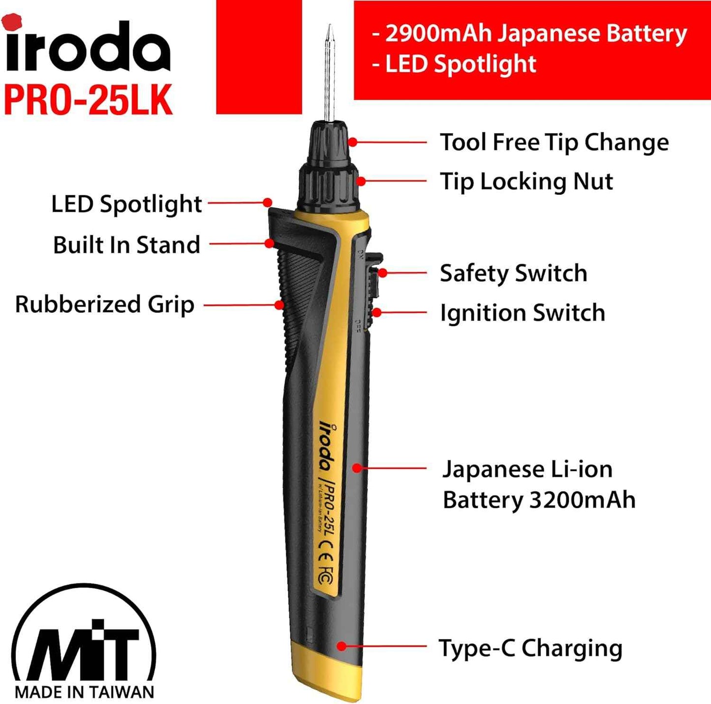 Rechargeable Iroda SolderPro 25LK Soldering Iron Kit - 30W USB Type C, 3200mAh Battery, LED Spotlight, 3 Tips & Case