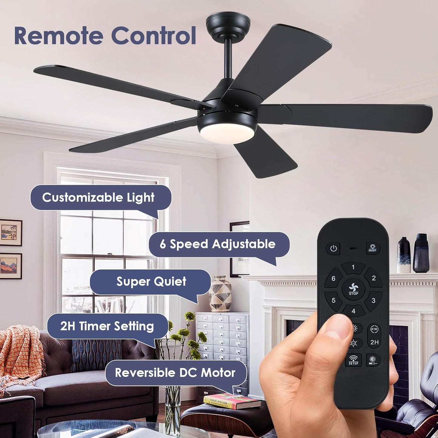46” Black Low Profile Ceiling Fan with Lights & Remote Control - Dimmable, Noiseless, Reversible for Bedroom
