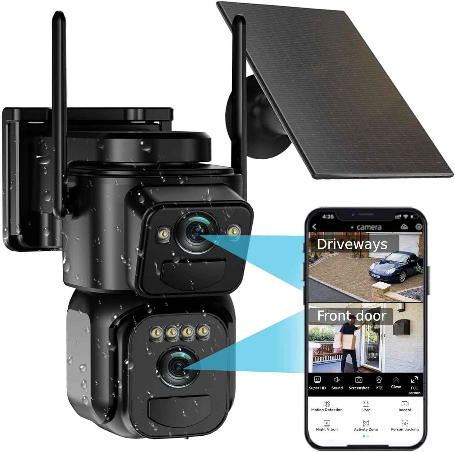 Uniter 6MP Dual Lens Solar Security Camera - Wireless Outdoor, 5G/2.4G WiFi, Night Vision, Motion Detection, 2-Way Audio