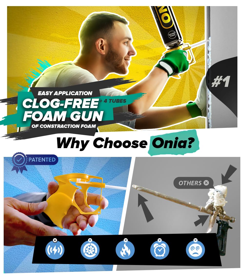 ONIA PU Spray Foam Gun with 4 tubes Expanding Spray foam Insulation Applicator with Reusable tubes and anti clogging caps – Filling & Sealing tool for Home and Office Use
