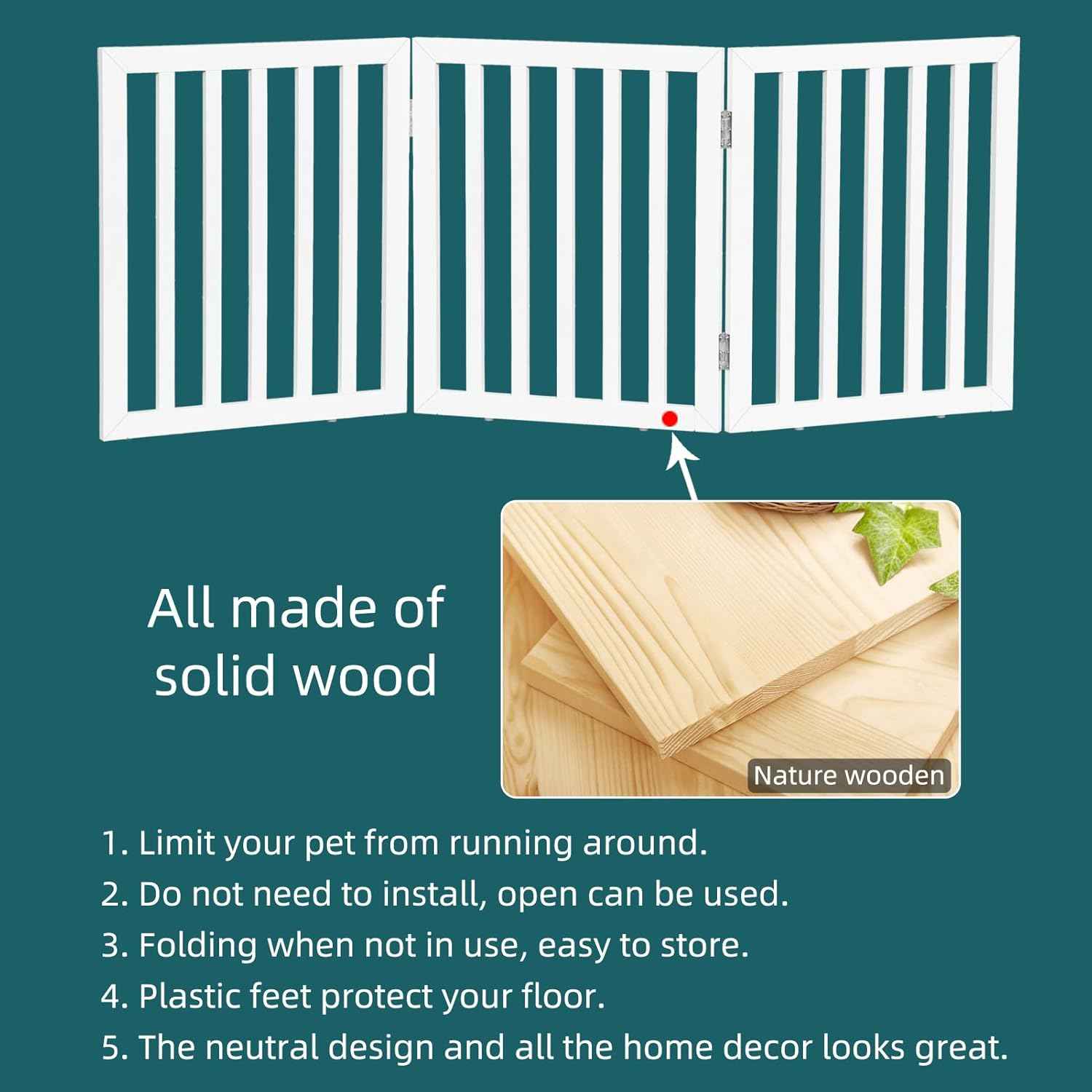 Extra Wide Freestanding Indoor Dog Gate - Foldable 3-Panel Wood Pet Barrier for Doorways & Stairs - 24” Height, White
