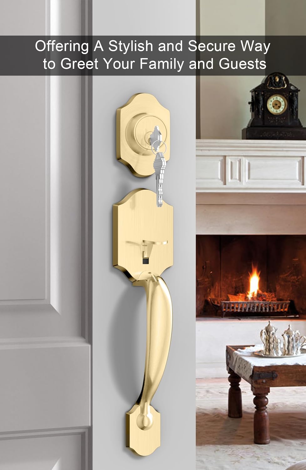 Gold Front Door Handle & Deadbolt Set - Reversible Lever Lock Hardware