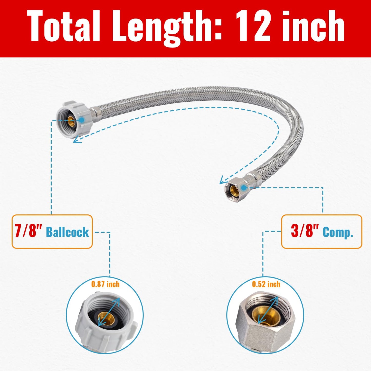 SUNGATOR 12'' Toilet Water Supply Line, 7/8" Ballcock x 3/8" Compression Toilet Hose Connector, 12 Inch Braided Stainless Steel Water Supply Line with 1 Wrench and Sealing Tape (2 Pack)