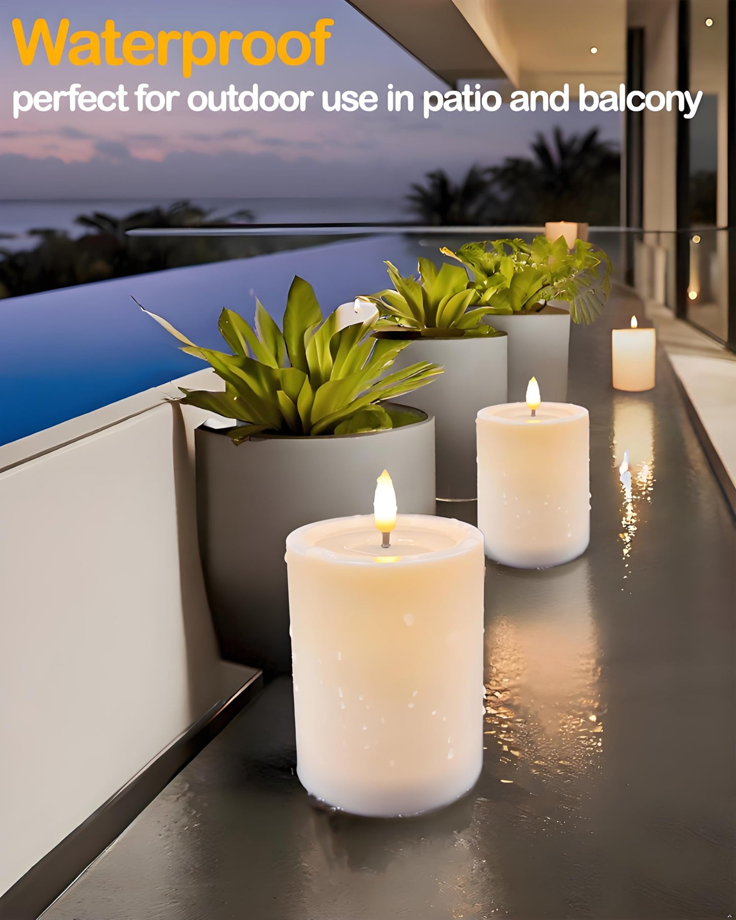 Gmnee 3"x4" Outdoor Waterproof Flameless Candles with Remote and Timers, LED Candles, Battery Operated Candles, Electric Fake Pillar Candles for Patio, Porch, and Lanterns Decor (Ivory)