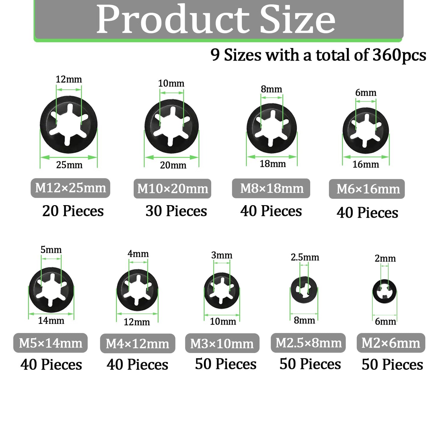 Ruibapa 360 PCS Internal Tooth Star Lock Washers 9 Sizes Push On Locking Washers Speed Clips Fasteners Assortment Kit