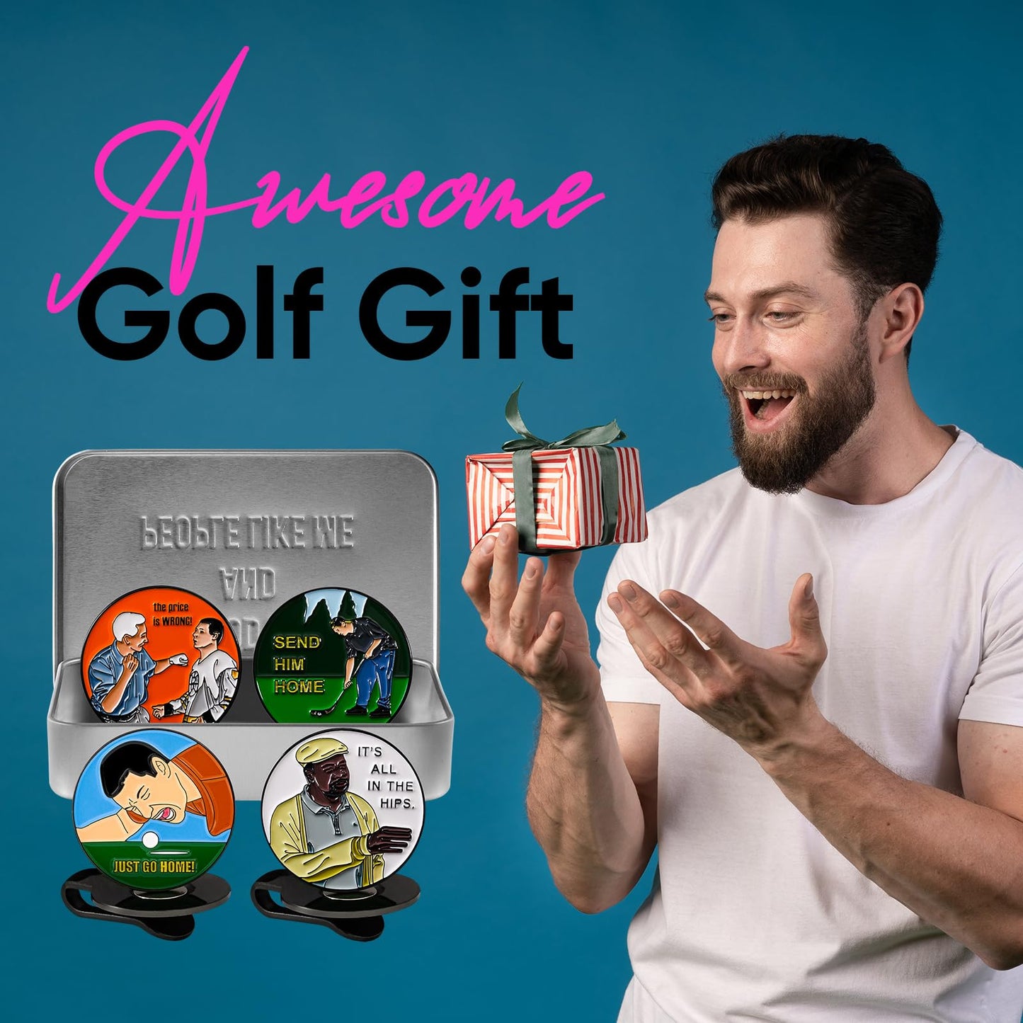 SPORTY BUFF Golf Ball Markers Gift Set - Funny Golf Gifts for Men and Women Golfers (Happy)