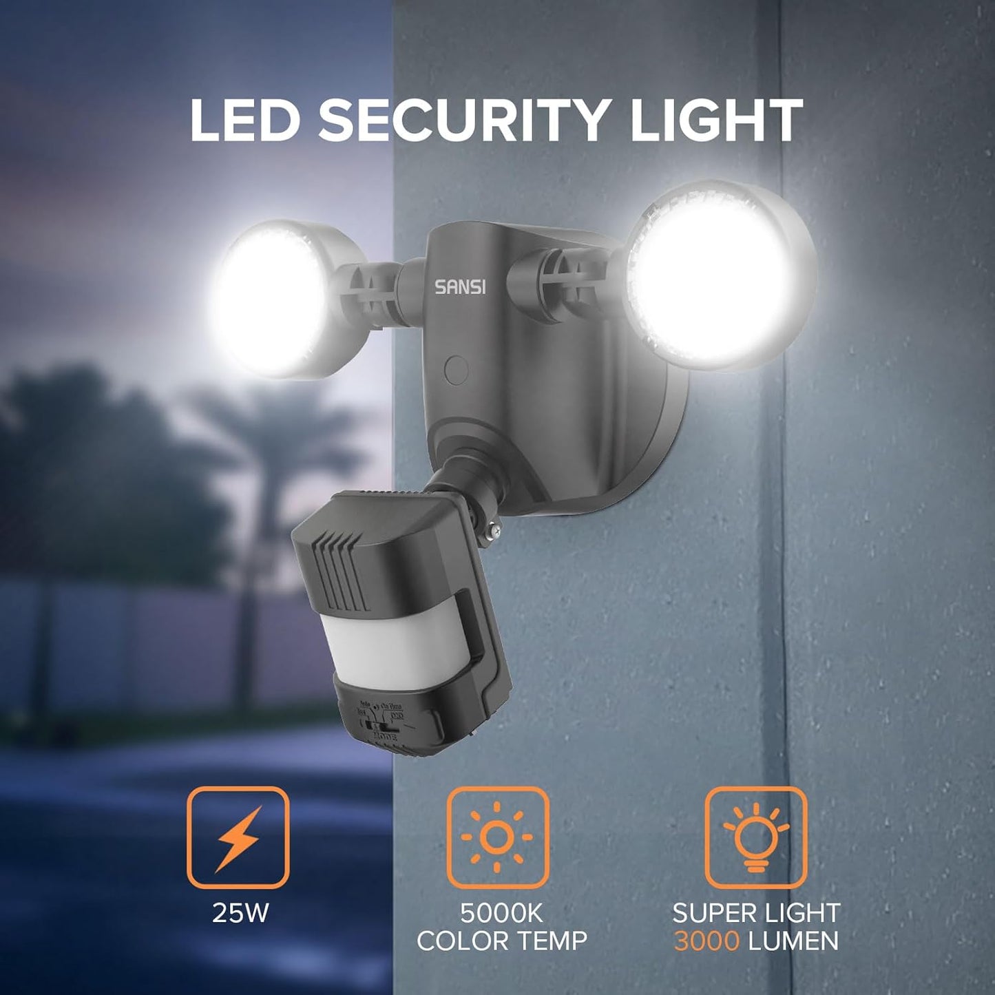 25W Motion Sensor Outdoor Flood Light - 3000LM Dusk to Dawn Security Light, 4 Modes, 320° Wide Angle for Garage & Patio