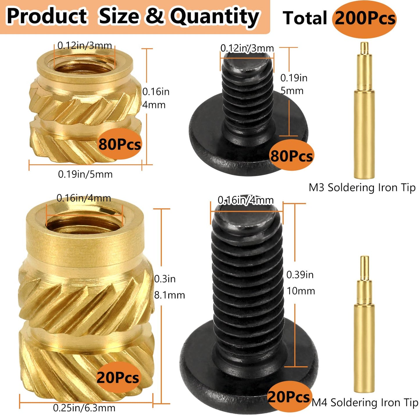 QSJ 200Pcs Threaded Insert Bolt Assortment kit 100Pcs M3 M4 Brass Heat Set Insert, 100Pcs M3 M4 Stainless Steel Black Bolt for Industrial 3D Printing Projects