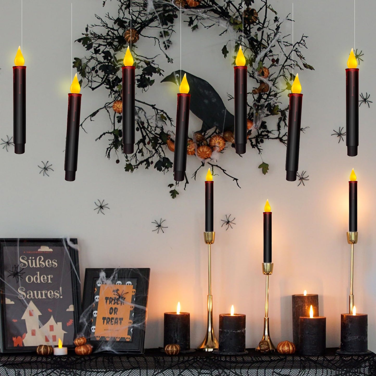 Halloween Decorations Candles Lights, 10 Pcs Christmas Black Floating Candles with Remote, Hanging Flickering Warm Flameless Candles LED Battery Operated Candles for Indoor Halloween Christmas Party