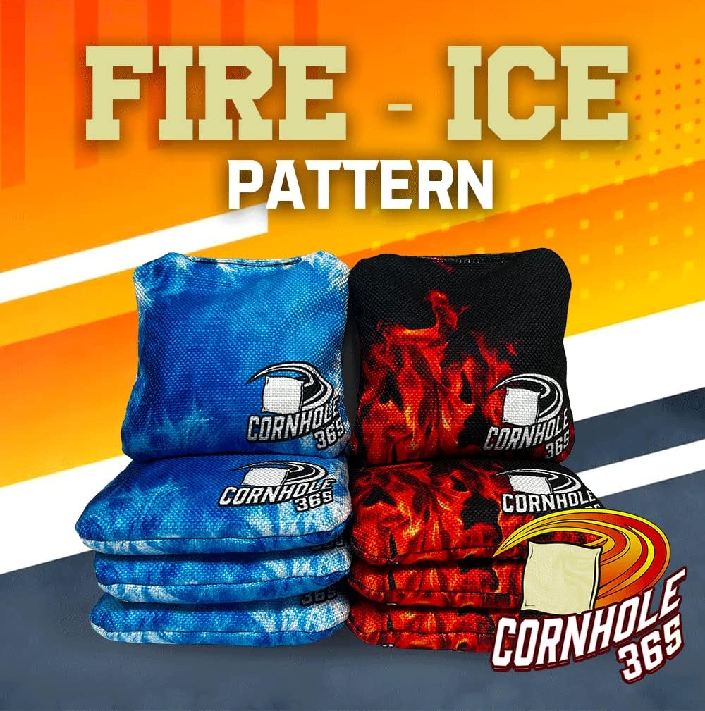 Cornhole365 Cornhole Bags - All-Weather, Heavy-Duty, Double-Stitched Fabric - Fire & Ice Design, Set of 8