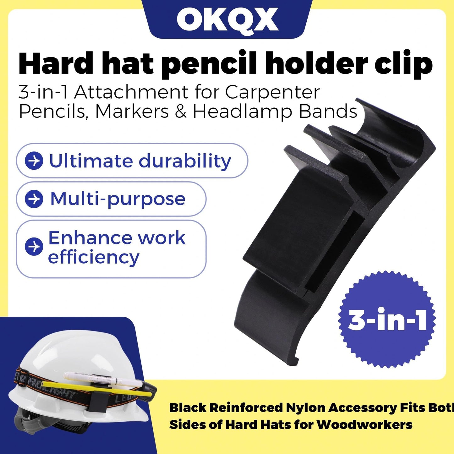 OKQX Hard Hat Pencil Holder Clip | 3-in-1 Attachment for Carpenter Pencils, Markers & Headlamp Bands | Black Reinforced Nylon Accessory Fits Both Sides of Hard Hats for Woodworkers