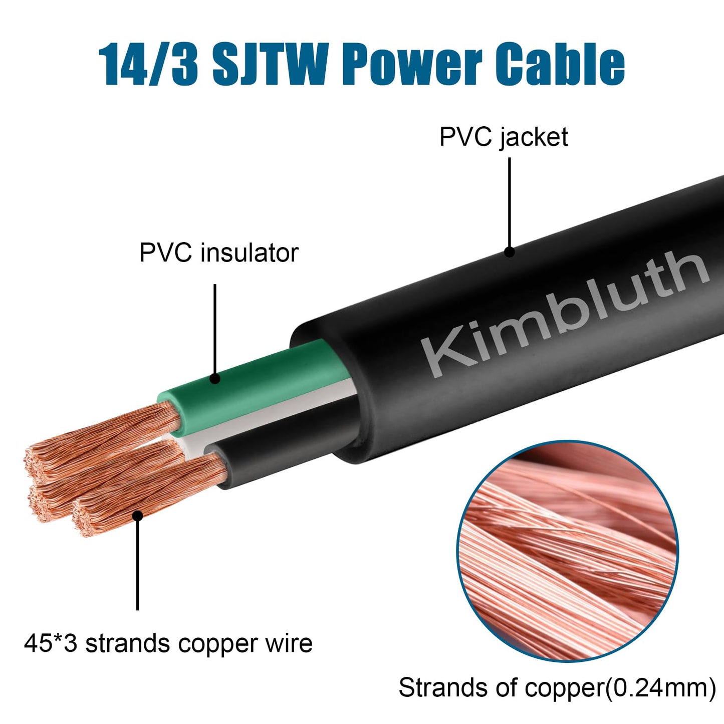 Kimbluth 14 Gauge 3 Conductor Wire SJTW Outdoor Extension Power Cable 100FT, 14/3 Wire Heavy Duty Pure Copper Electrical Wire for Lawn, Battery, Automotive, Outdoors