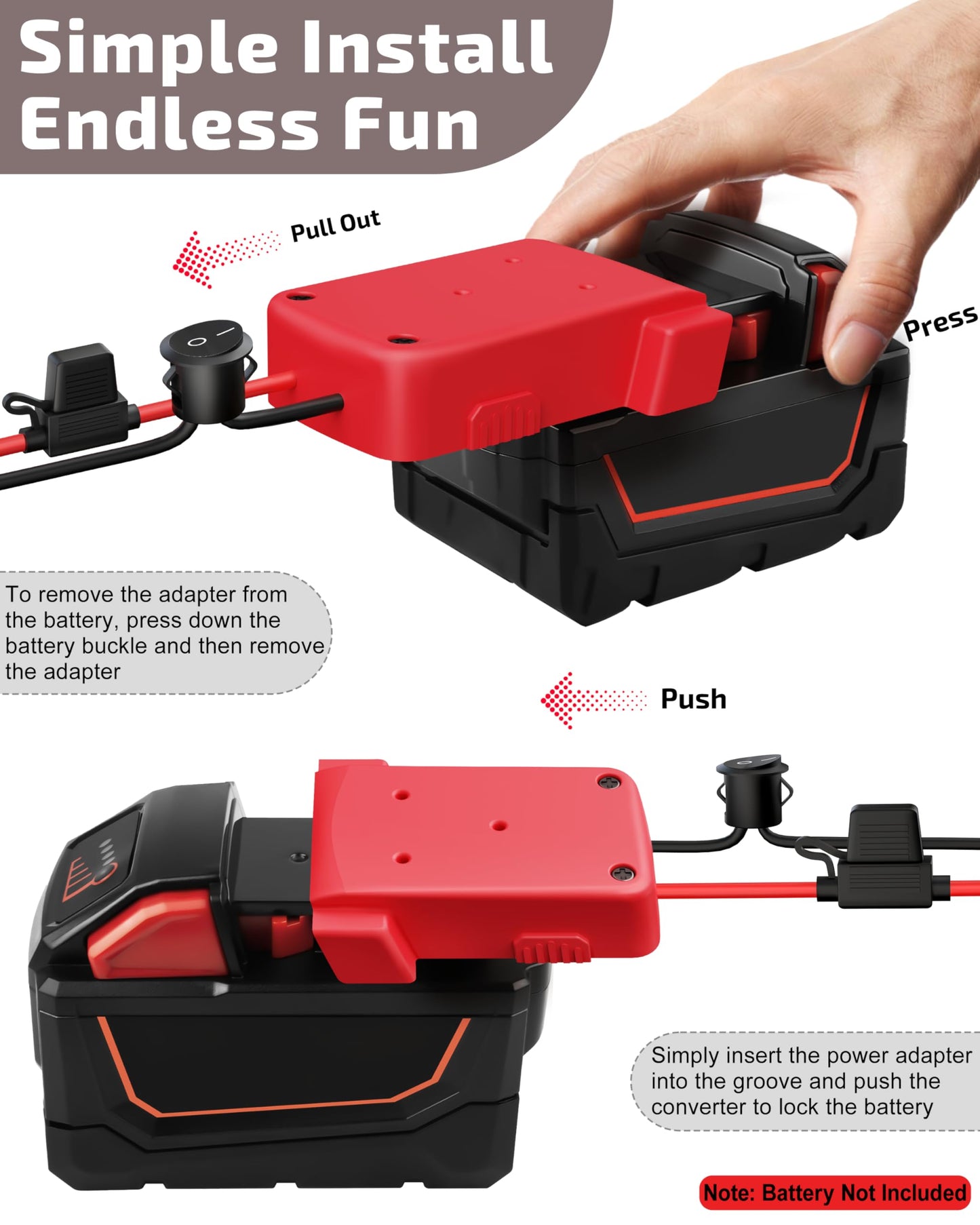 1-Pack 18V for Milwaukee M18 Battery Adapter for Power Wheels Battery Upgrade Conversion Kit with Switch Fuses Wire Connectors 12AWG Wire Power Tool Drill Battery Converter Adapter for DIY RC Car, Etc