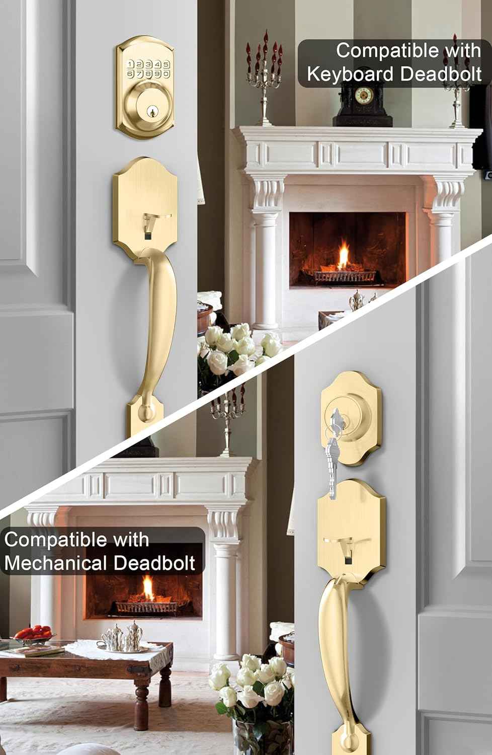 Gold Front Door Handle & Deadbolt Set - Reversible Lever Lock Hardware