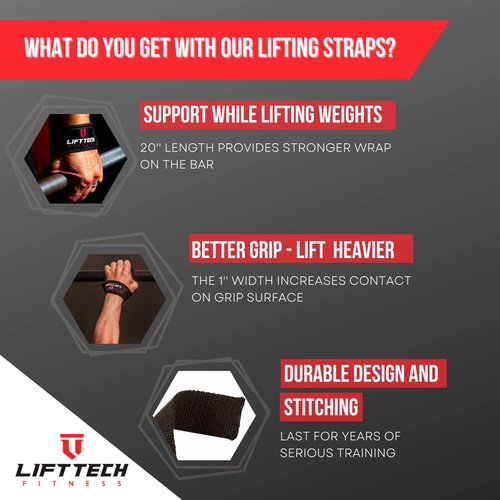 Lift Tech Fitness Weight Lifting Straps for Men & Women - Cotton Gym Straps for Weightlifting, HIIT, Strength Training - Pull up & Deadlift Straps - Black, One Size