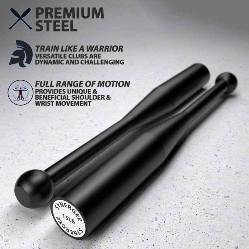 Synergee 15 LB Indian Club - Pair of Power Clubs - Exercise Weight Club Bells - Grip and Forearm Strength Trainer