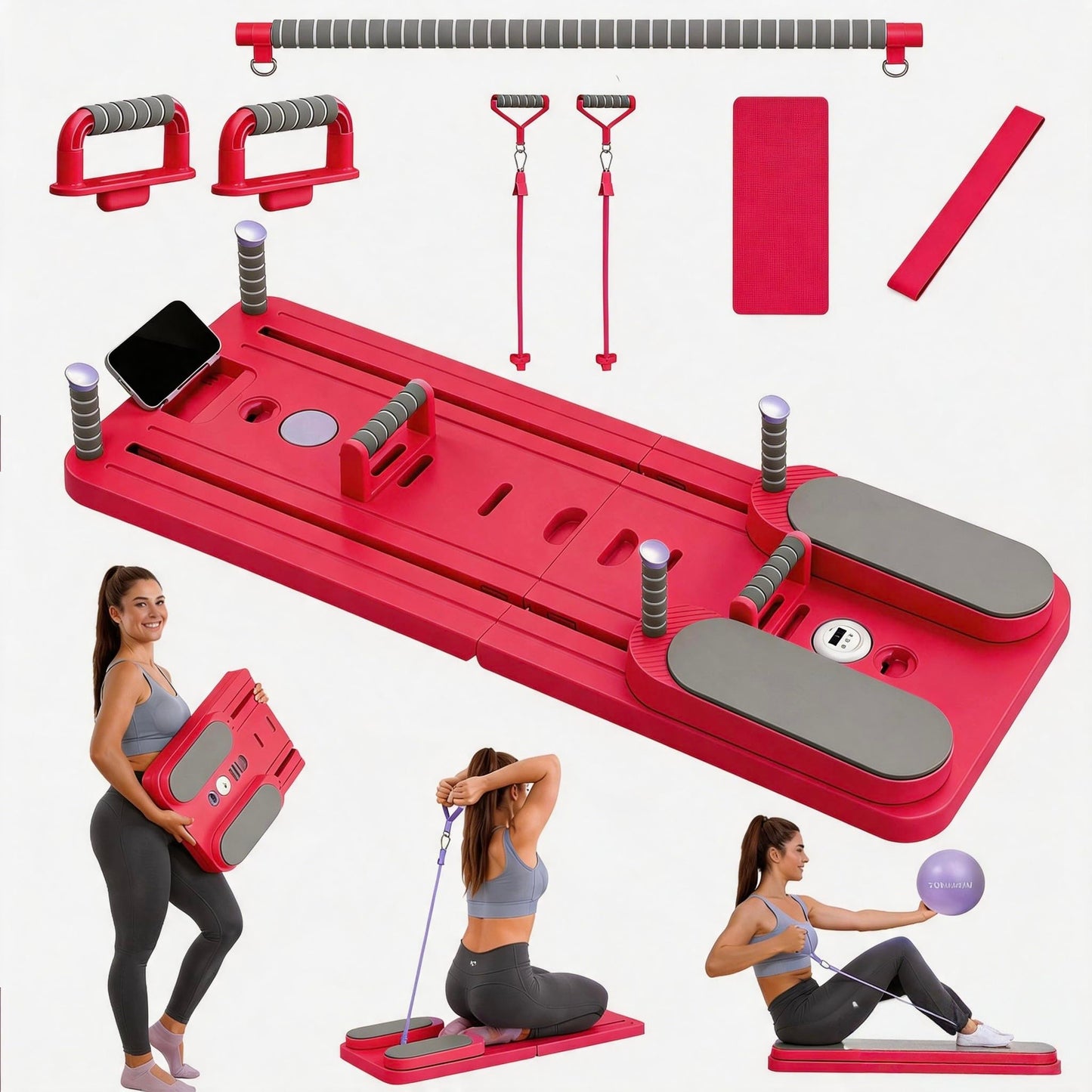 Pilates Board, Reformer Sets, Multifunctional Abdominal for Home Workout Equipment with Pilates Ball & Resistance Bands, Portable Foldable Ab Board Trainer Pilate Exercise Machine for Women