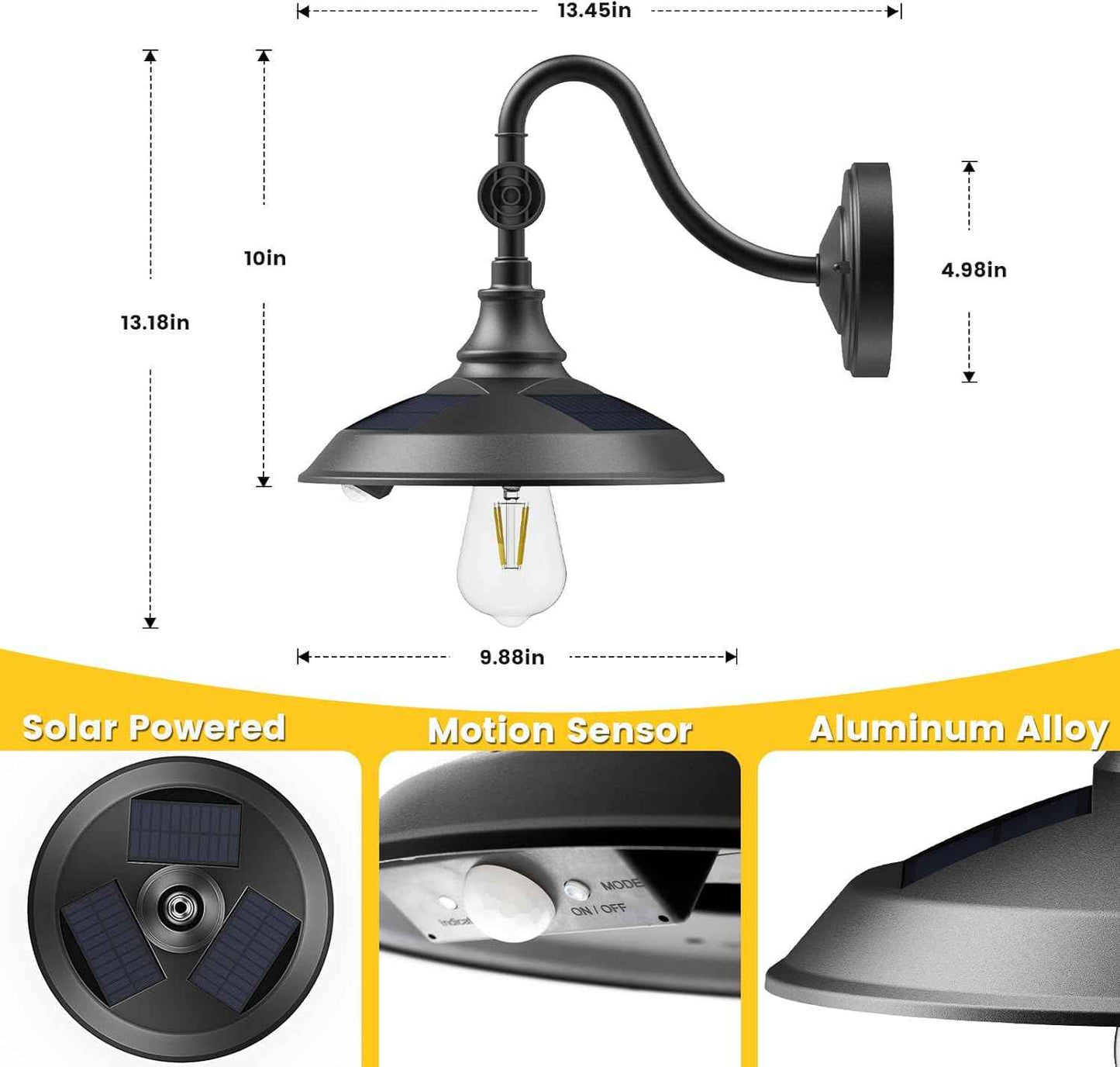 Solar Barn Light Outdoor - 3 Modes Vintage Gooseneck Waterproof Motion Sensor (2 Pack)