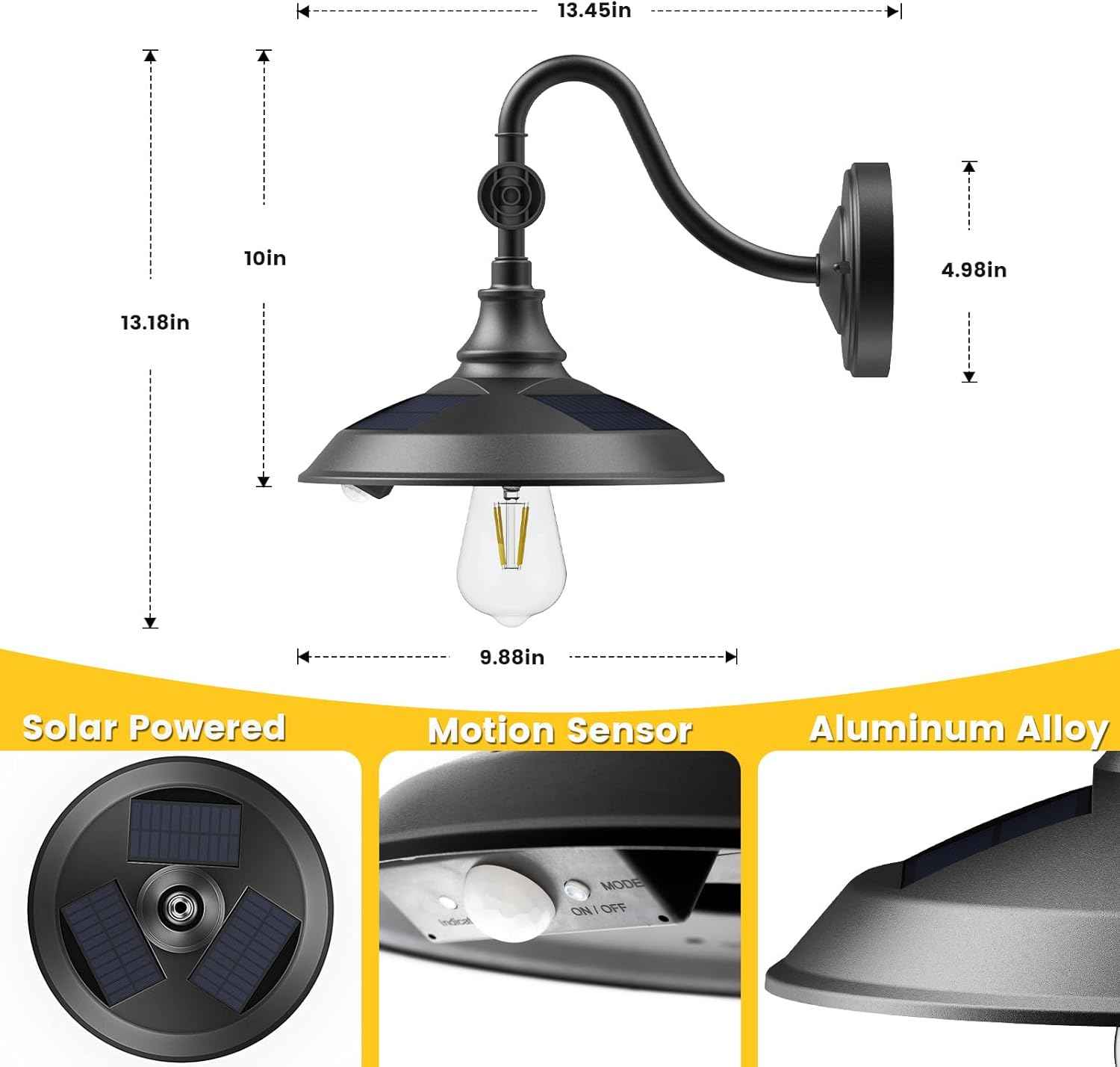 Solar Barn Light Outdoor - 3 Modes Vintage Gooseneck Waterproof Motion Sensor (2 Pack)