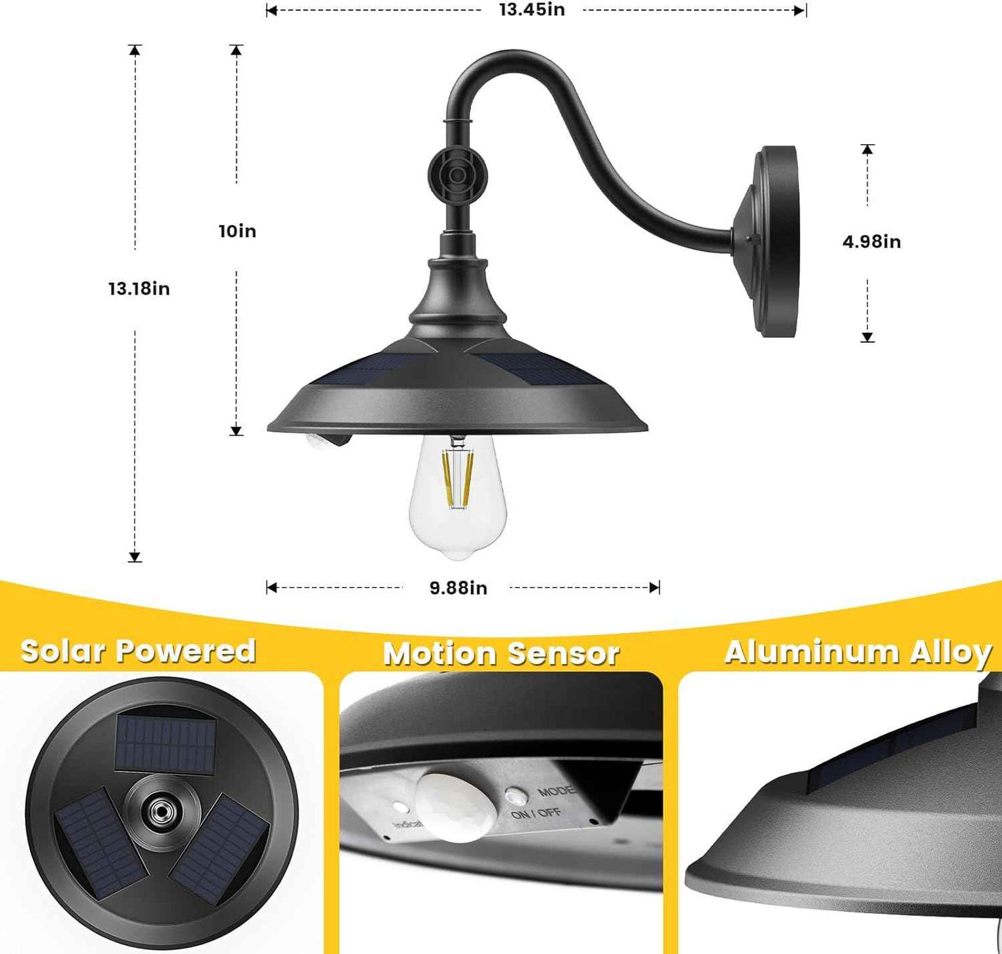 Solar Barn Light Outdoor - 3 Modes Vintage Gooseneck Waterproof Motion Sensor (2 Pack)