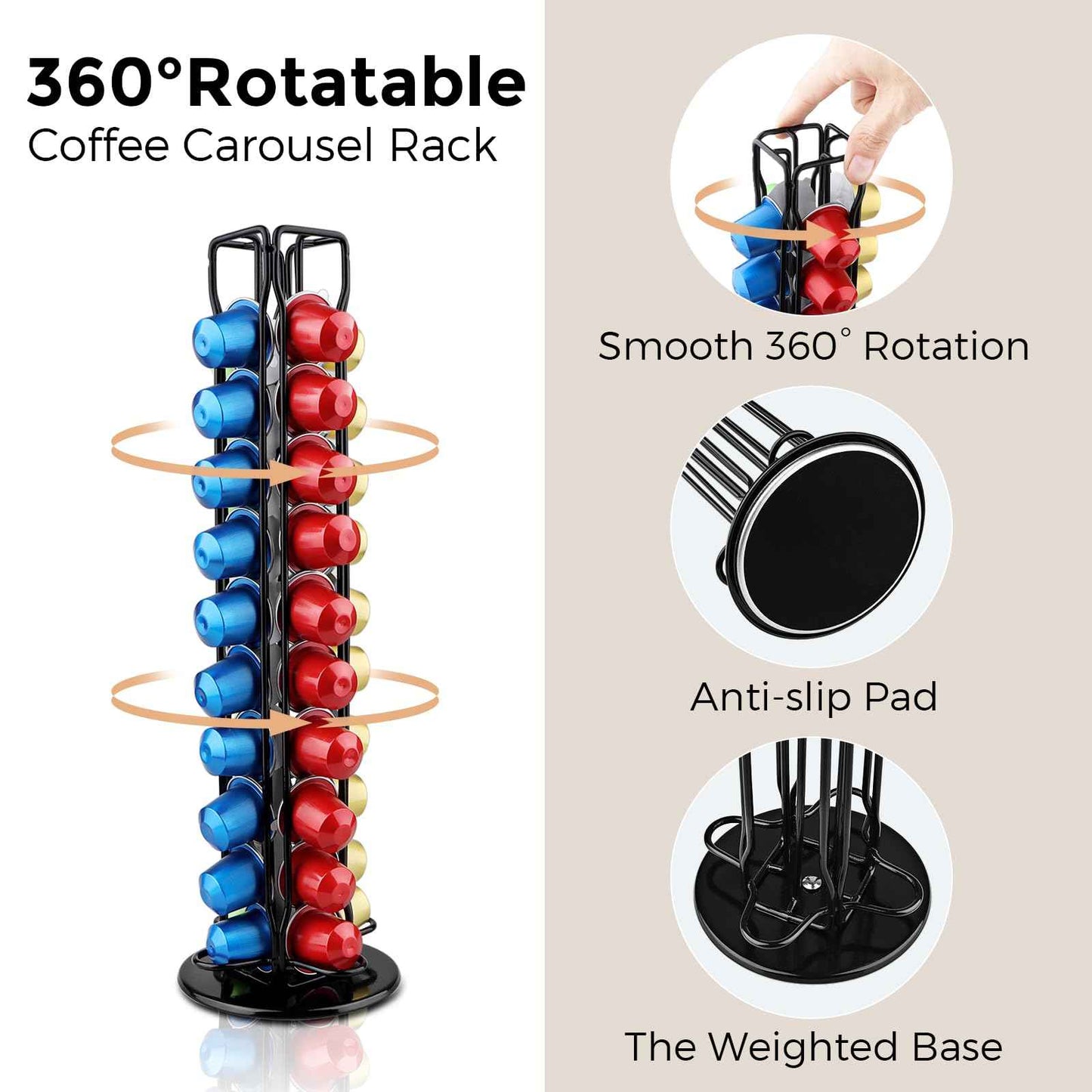 Coffee Pod Holder Compatible with Nespresso Original Capsule– Holds 40 Pods, 360° Rotating Coffee Carousel Storage, Space-Saving Countertop Organizer, Stylish Gift for Coffee Lovers (Black)