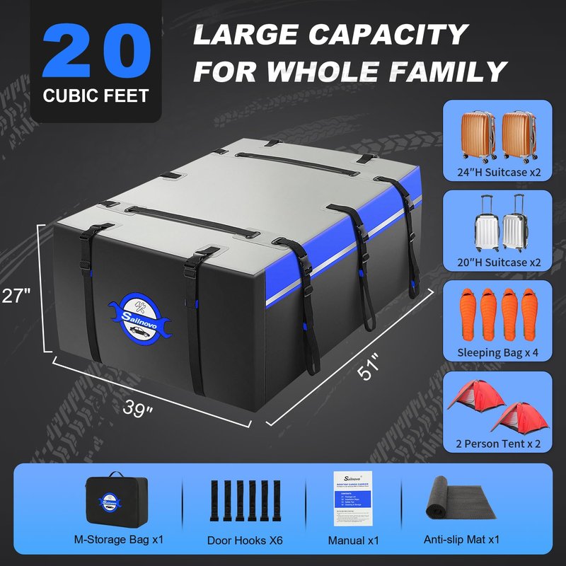 Sailnovo Rooftop Cargo Carrier PVC 20 Cubic Waterproof Rooftop Car Storage Bag with Anti-Slip Mat, 6 Door Hooks Soft-Shell Car Top Carrier for Vehicle
