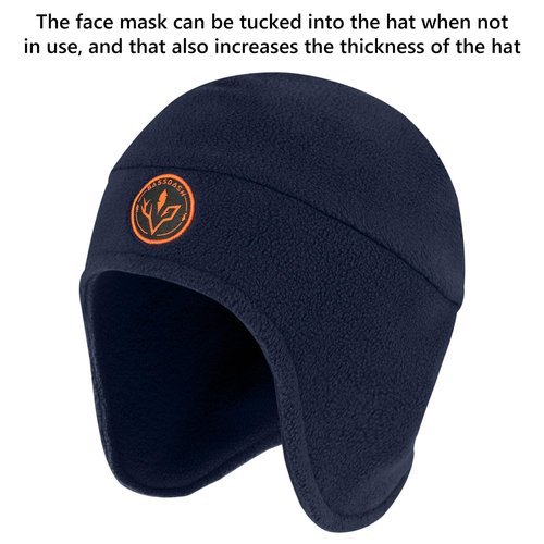 BASSDASH Soft Fleece 2-in-1 Hat with Ski Mask Ear Flap Ice Fishing Hunting Beanie for Men Women Cold Weather Winter Navy Blue