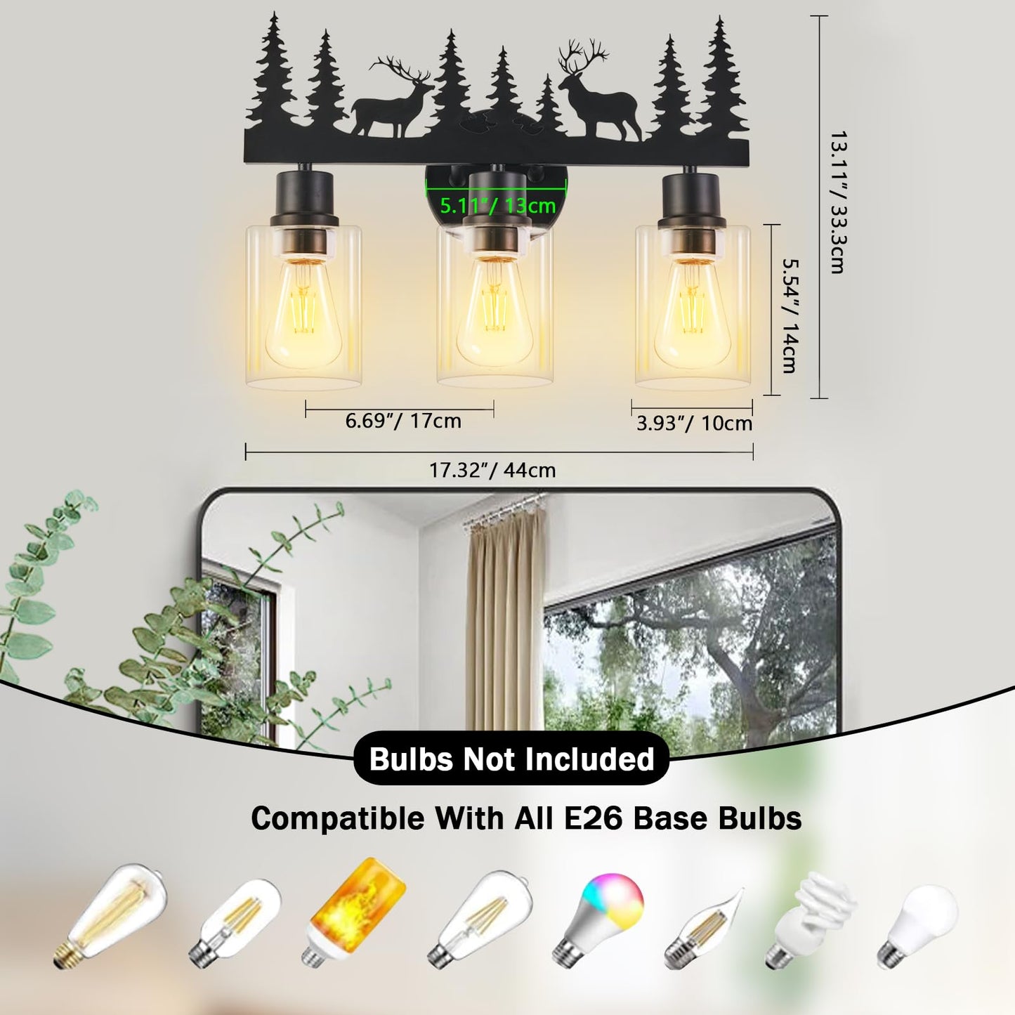 Monyohame Farmhouse Rustic Deer Bathroom Light Fixtures, 3-Light Black Vanity Lights with Clear Glass Shade, Wall Lamp for Bathroom, Living Room, Hallway, Kitchen, Cabnet, Porch