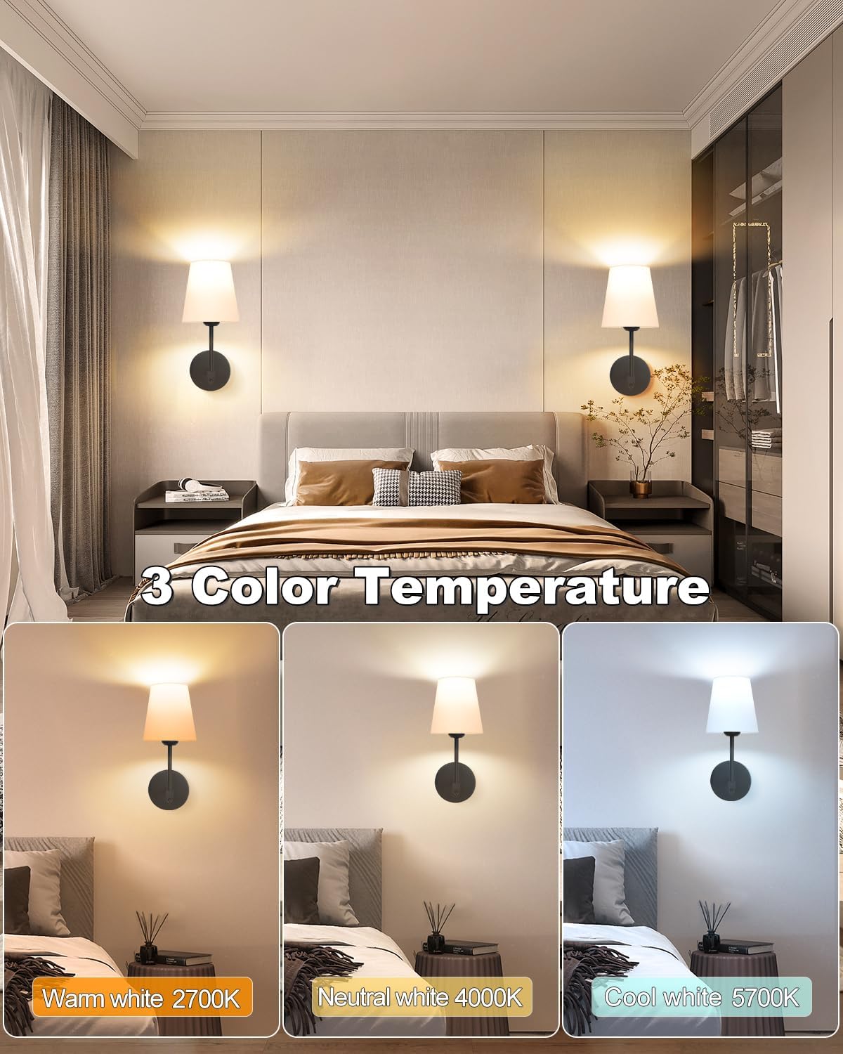 Rechargeable Black Wall Sconce Set of 2 - 5CCT Wireless Dimmable Lights with Remote for Bedroom & Living Room
