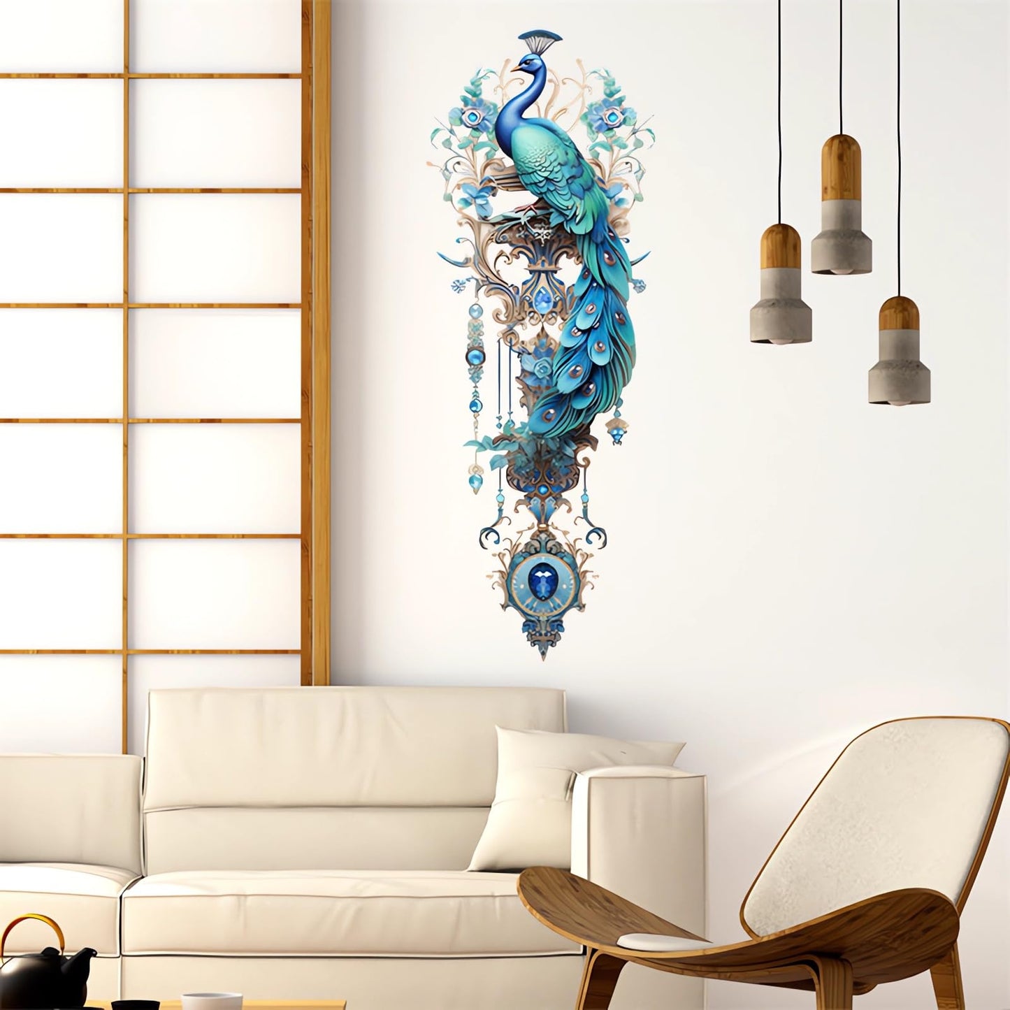 sacinora Gorgeous Blue Peacock Painted Wall Stickers, Peacock Pendant Art Wall Decals Removable Vinyl Peel and Stick for Living Room Bedroom Sofa TV Background Home Decorations