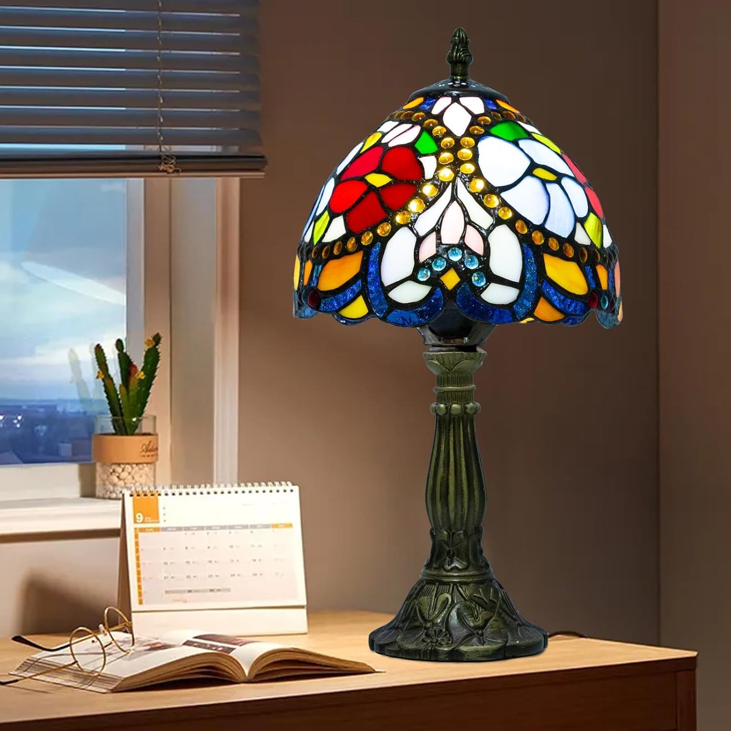 Tiffany Table Lamp - 8 Inch Antique Stained Glass, 3 Color Temperatures, Handcrafted for Bedroom & Living Room