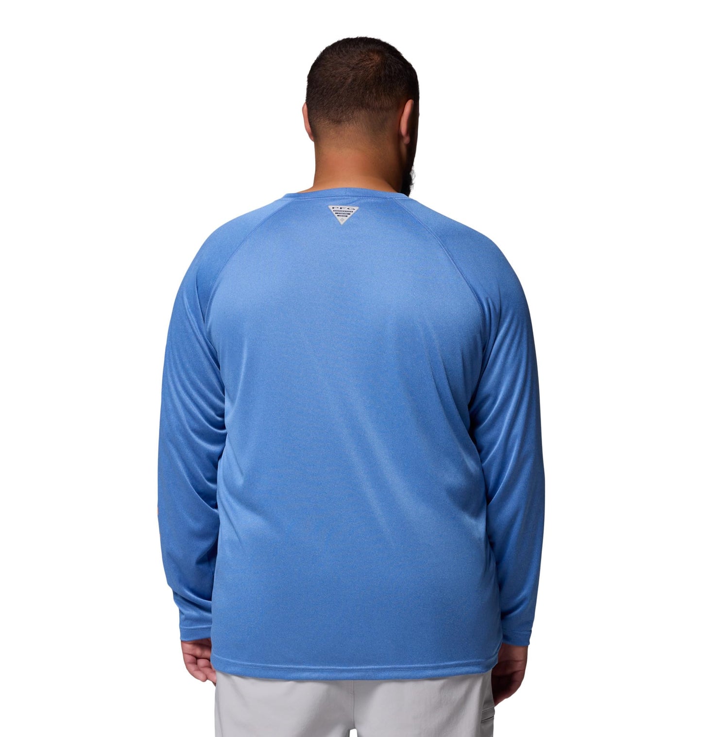 Columbia Men's PFG Terminal Tackle Long Sleeve Fishing Shirt, Vivid Blue Heather/Bright Nectar Logo, Large Tall