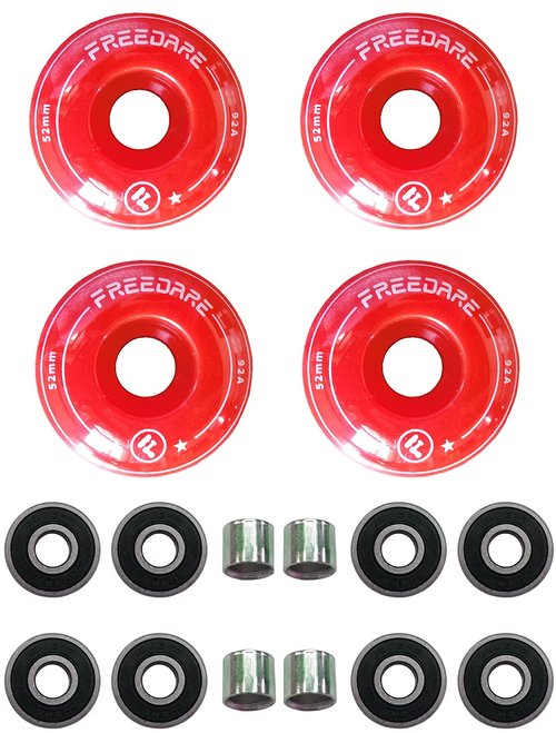 FREEDARE Skateboard Wheels 52mm and Bearings, Spacers Installed 90A Wheels(Red,Pack of 4)