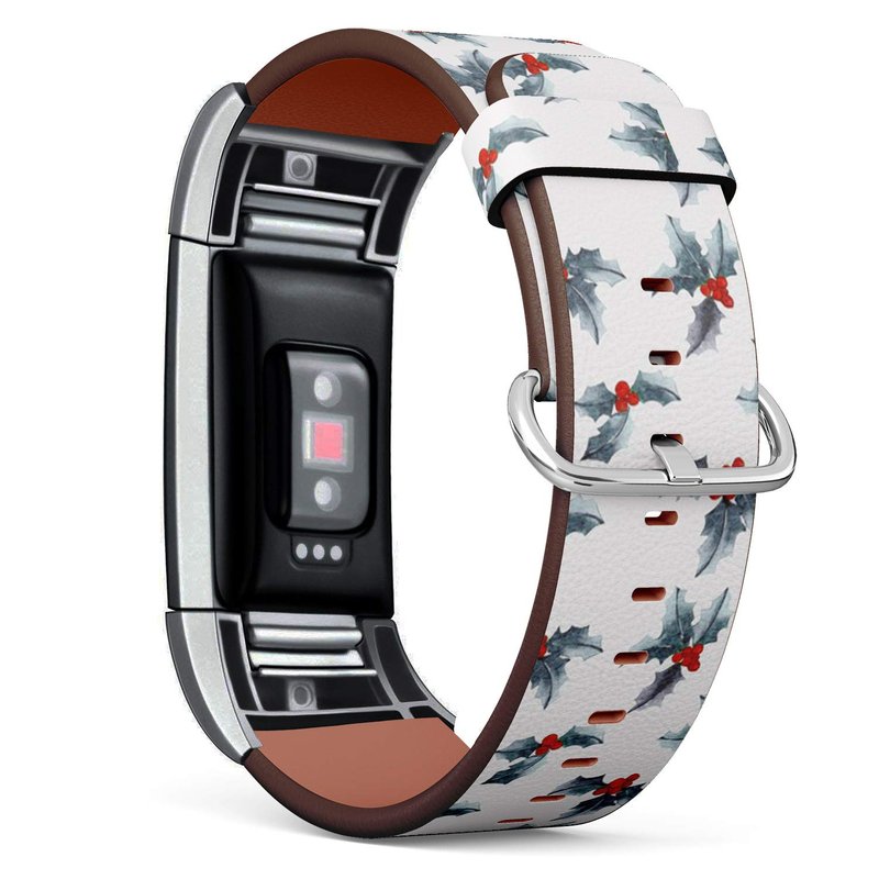 Q-Beans Leather Band Compatible with Fitbit Charge 2, Replacement Strap Bracelet Wristband and Adapters // Leaf Christmas Holly