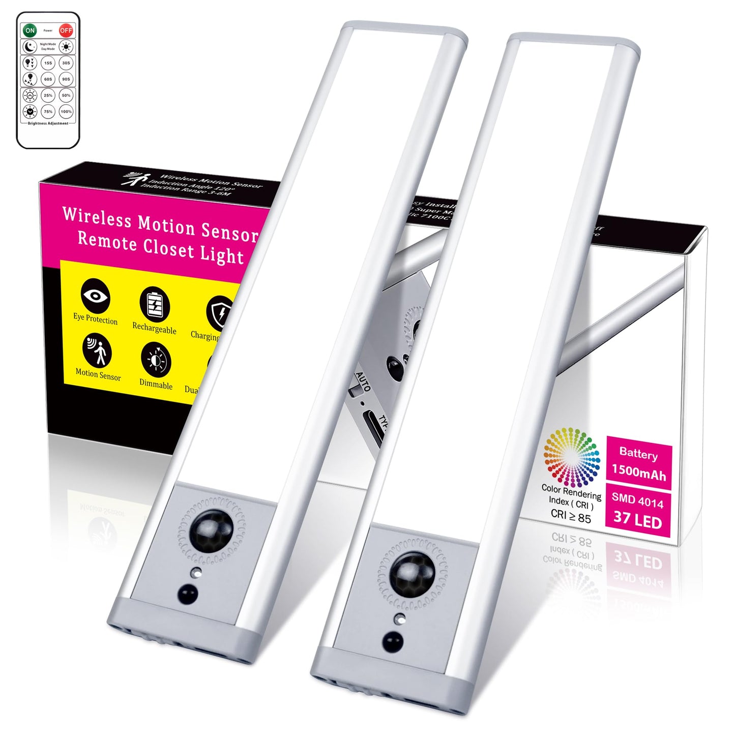 VK Under Cabinet Lights,37 LED Motion Sensor Light Indoor,Magnetic Dimmable Rechargeable Battery Under Counter Lights Wireless,Closet Lighting for Kitchen,Wardrobe,Stairs,White-2pack,8.85inch