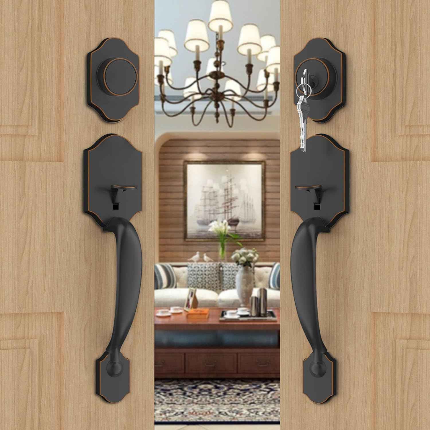 Gold Front Door Handle & Deadbolt Set - Reversible Lever Lock Hardware