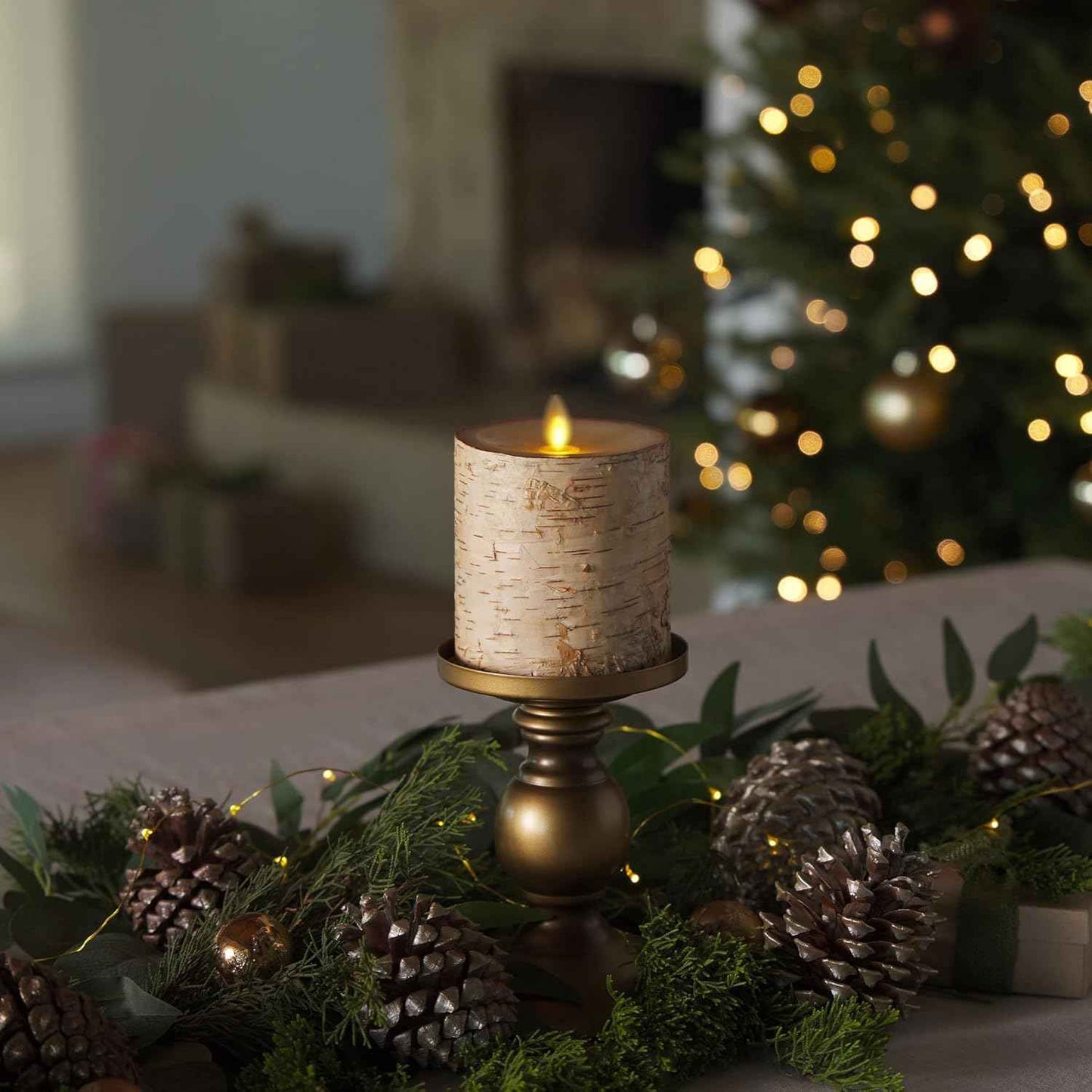 Realistic Moving Flame LED Pillar Candle with Birch Bark - Battery Operated, Remote Ready, 4x7