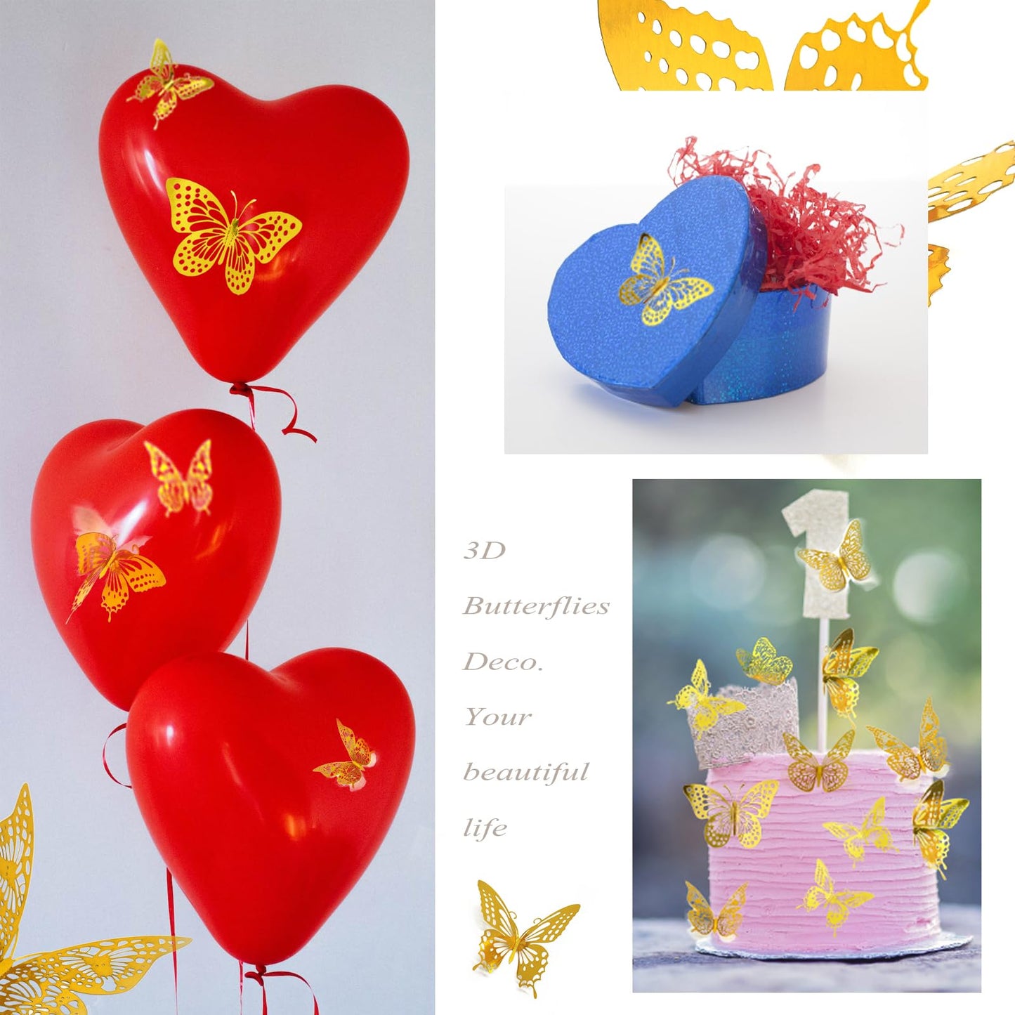 JOSDIOX 72 Pcs 3D Gold Butterfly Wall Decor Stickers - 4 Unique Styles & 3 Sizes, Removable Decals for Birthday Parties, Cake Toppers & Home Wall Decor