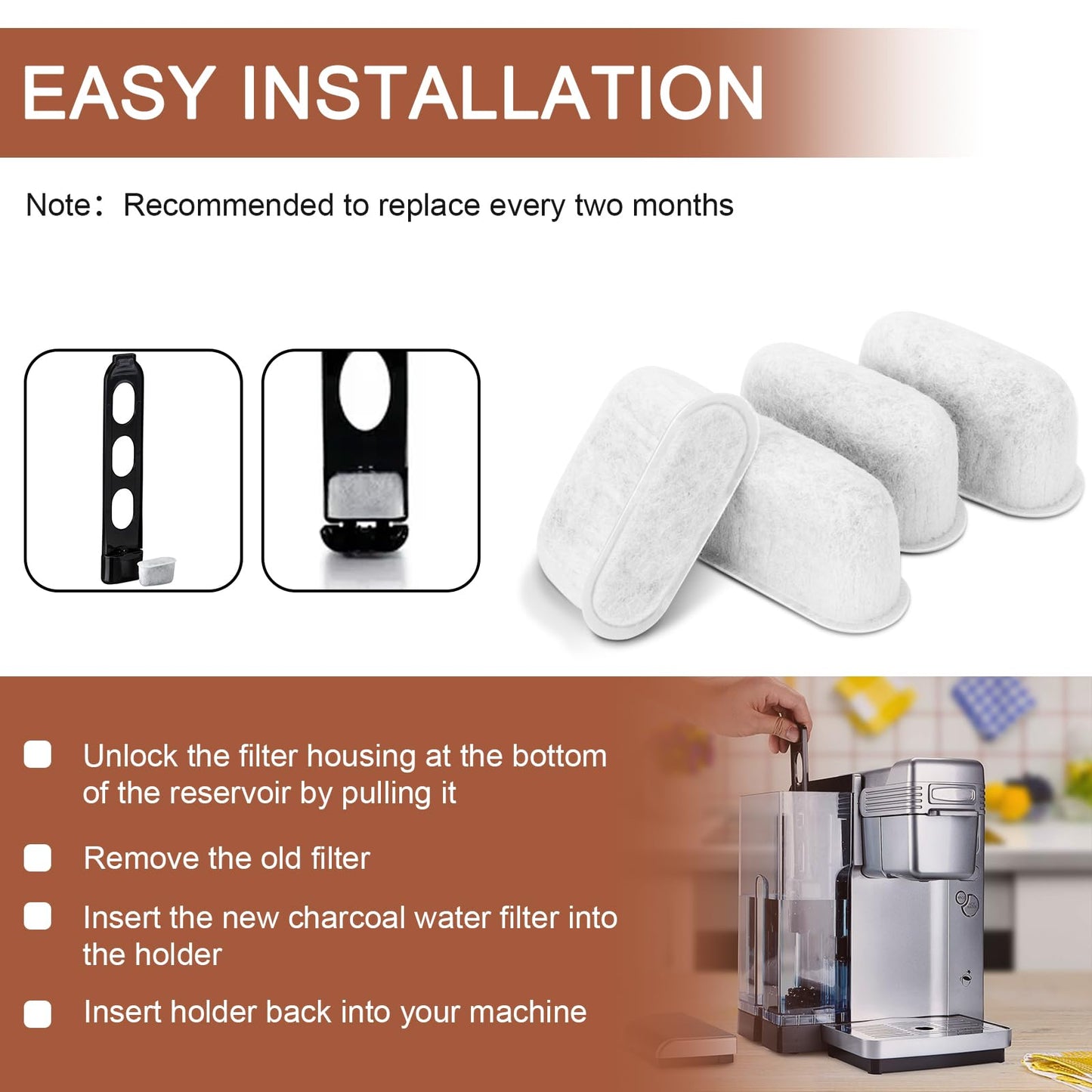 7313285779 Coffee Filter Replacement for Delonghi Espresso Machine - Activated Charcoal Water Filter - Coffee Maker Carbon Filter, 4 Pack