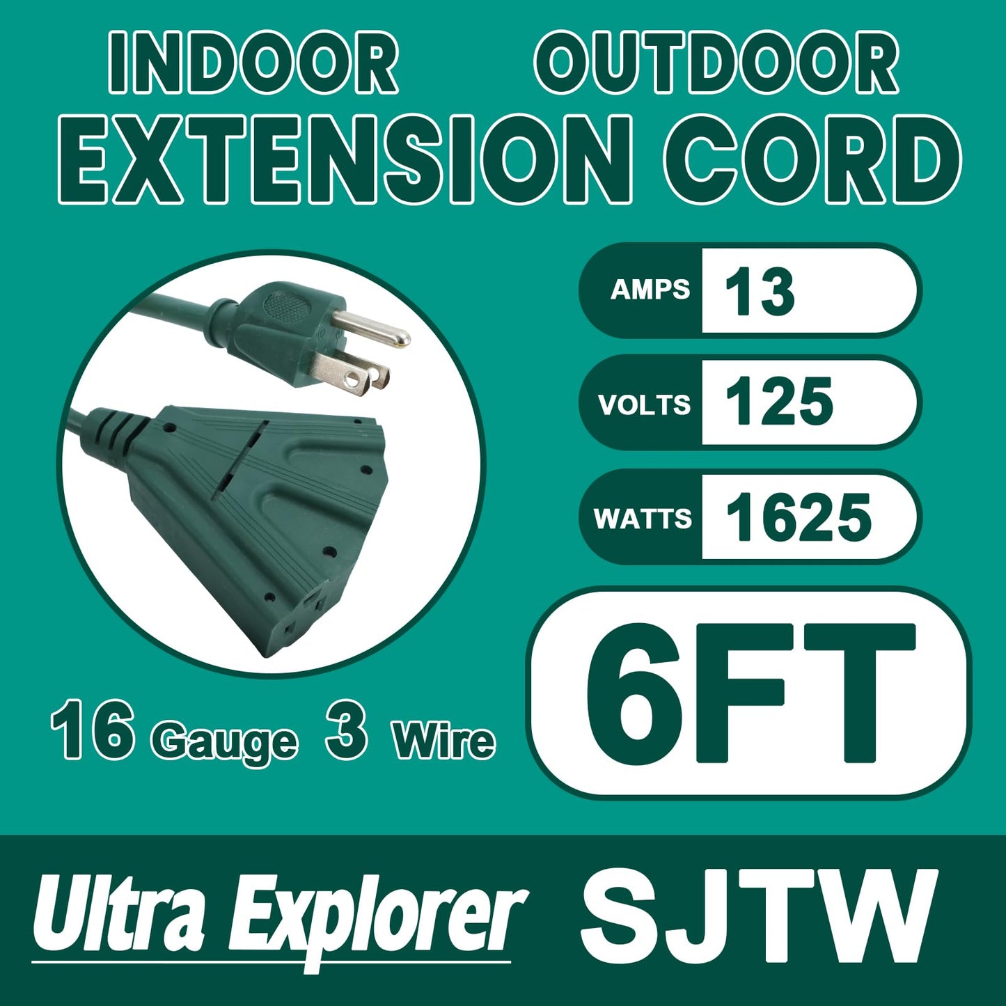 Ultra Explorer 6 Ft Outdoor Extension Cord with 3 Electrical Power Outlets - 16/3 SJTW Long-Lasting Green Cable with 3 Prong Grounded Plug