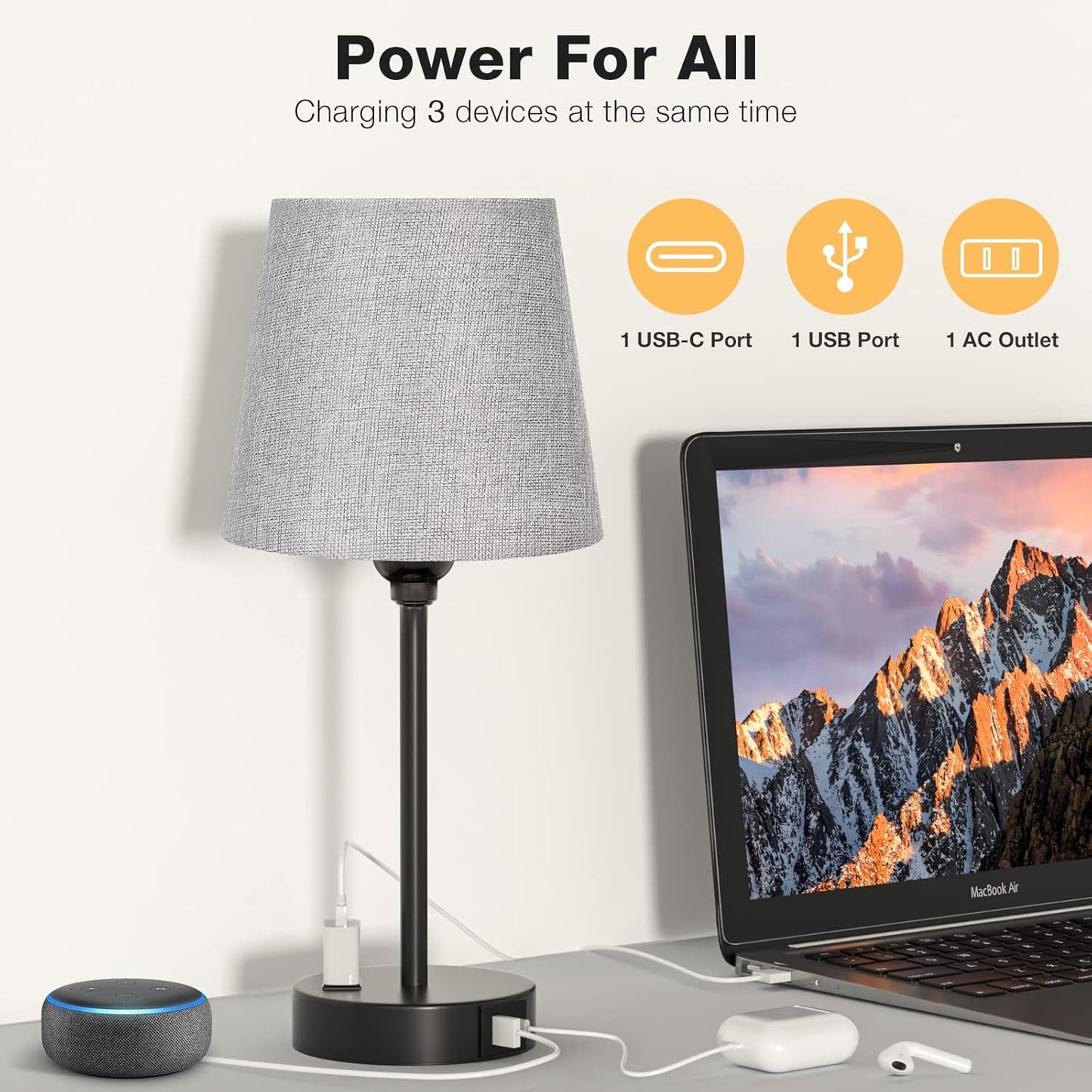 Set of 2 Mini Bedside Lamps with USB-C & AC Outlet - Dimmable Touch Nightstand Lights for Bedrooms