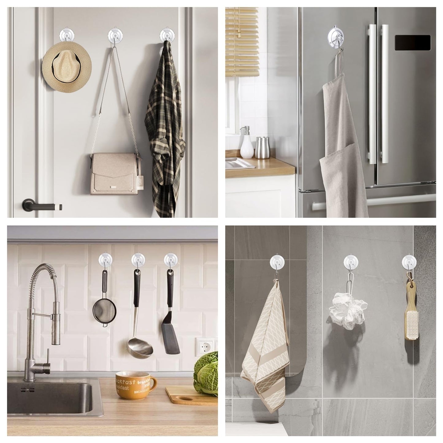 KORCCI Suction Cup Hooks 16Pack Assorted Size- 6 Small 8 Medium 2 Large, Clear Suction Cup, Stainless Steel Hook, No Trace, Reusable & Removable, for Tile, Glass, Window, Shower, Kitchen, Bathroom