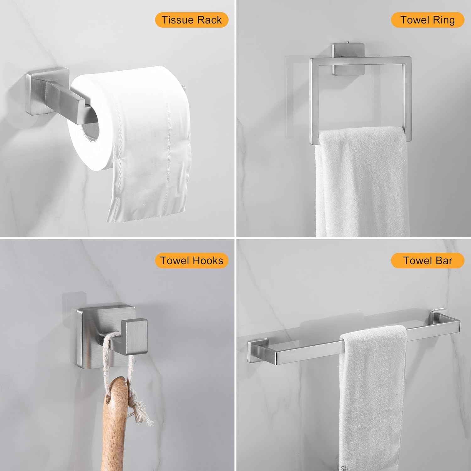 Brushed Nickel Bathroom Hardware Set - 10-Piece Towel Bar, Ring, Hook & Holder Kit