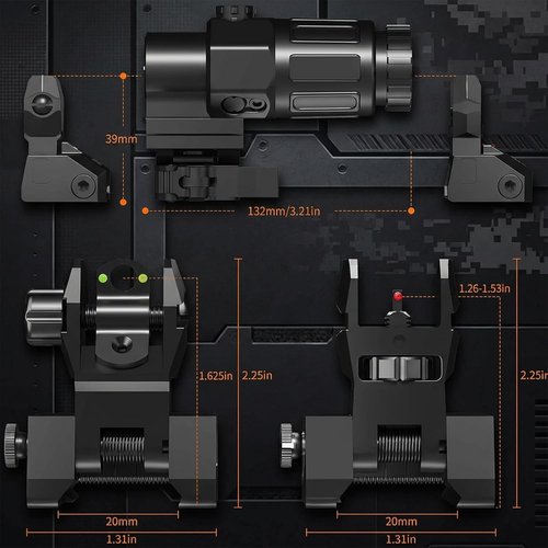 Fiber Optic Flip Up Iron Sight Set by Upgraded - Low Profile Picatinny Rail Backup Sights with Red/Green Dots