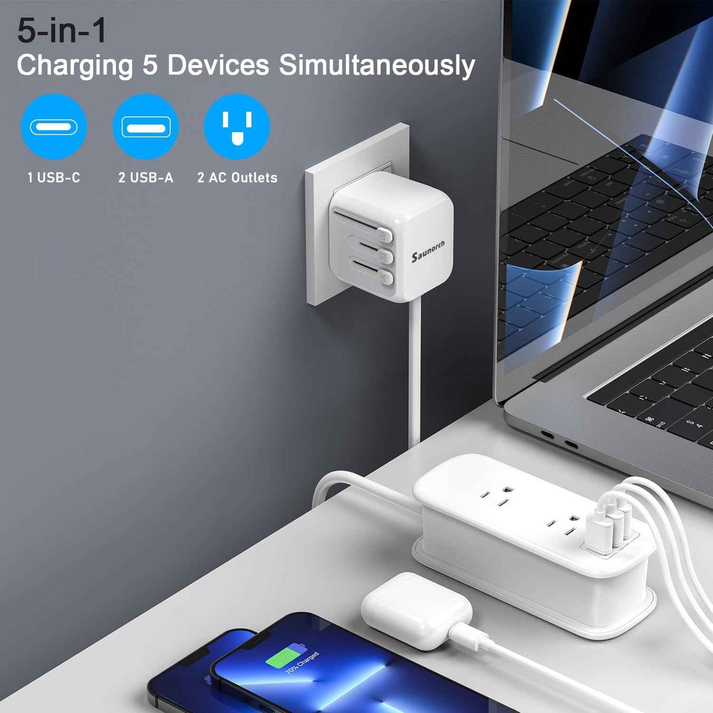 SAUNORCH Universal Travel Adapter Power Strip: 2 AC Outlets, 3 USB Ports, 6ft Cord - US to EU/UK/AU/China Worldwide Converter
