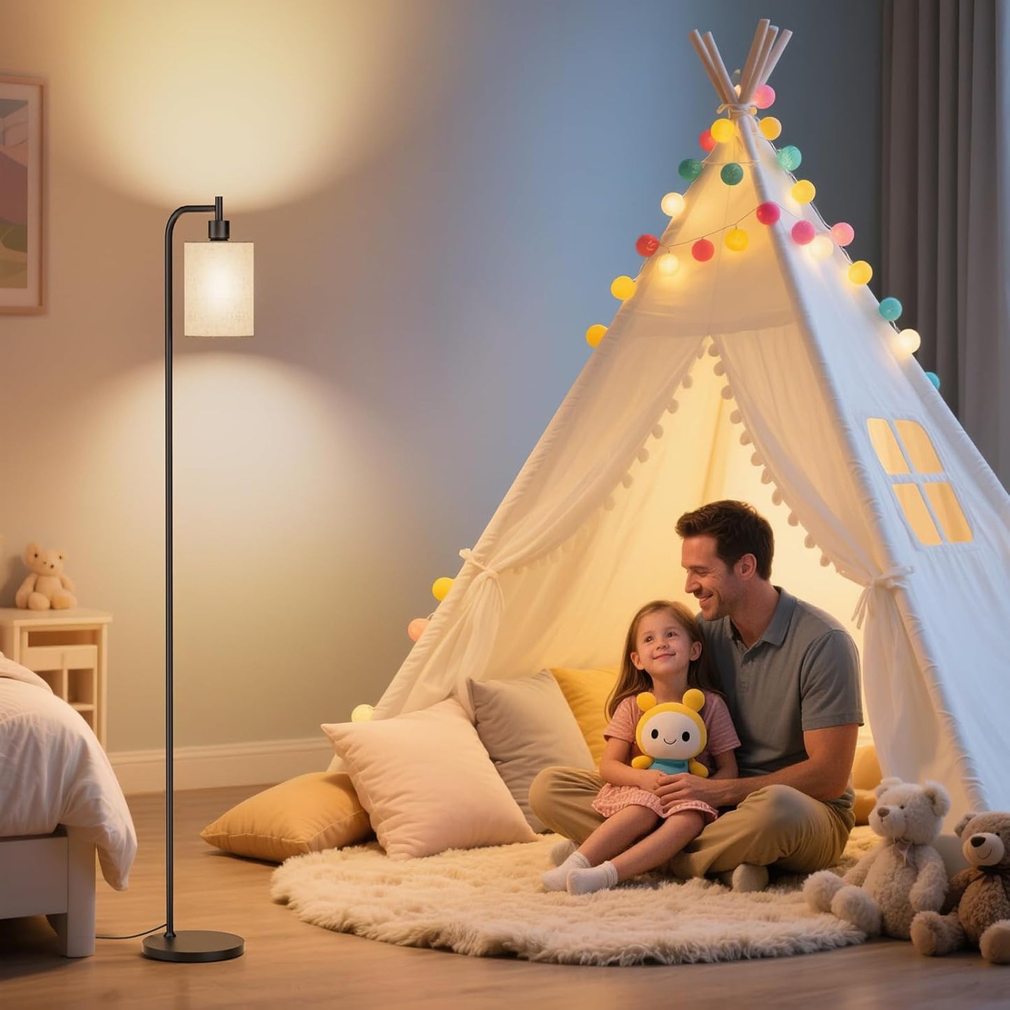Dimmable Floor Lamp with Linen Shade & Remote Control - Modern 9W LED Standing Lamp for Living Room, Bedroom, Office