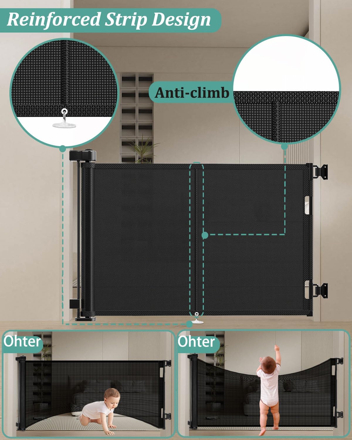 59-Inch Retractable Baby Gate - 34-Inch Tall, Reinforced Design for Stairs & Doorways