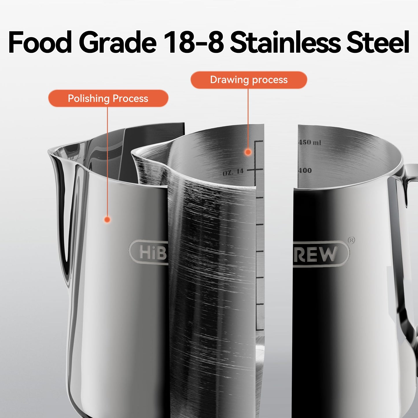 HiBREW Latte Art Pitche 15oz, Stainless Steel Milk Frothing Pitcher Steamed Espresso Cup Barista Pitcher (15oz/450ml)