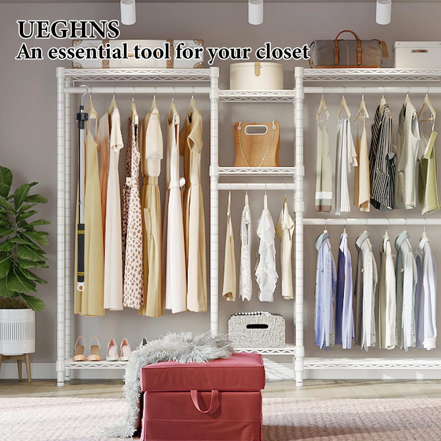 Clothes Hanger Reaching Hook, Attic Pull Down Hook Extendable 36-66inch Sponge Handle Hard to Break Apply to Closet Poles for Hanging Clothes Closet Extender Hanging Rod Clothesline Pole.